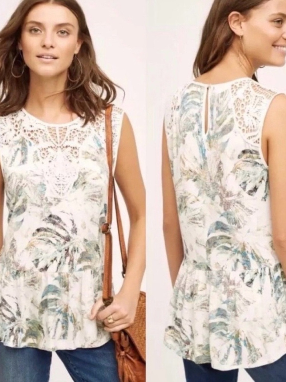 Anthropologie | Meadow Rue Cream Lia Floral Crochet Peplum Tank Top Size S